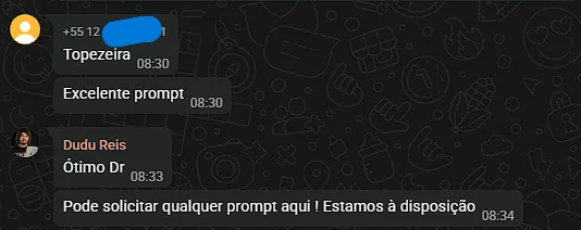 Mensagens do grupo elogiando os prompts do Zion Juris