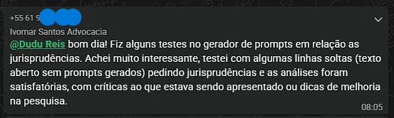 Advogado relata testes satisfatórios do gerador de prompts com jurisprudências